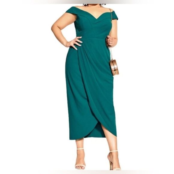 City Chic Ripple Love Off the Shoulder Maxi Dress Turquoise Size L / 20 - Picture 1 of 10